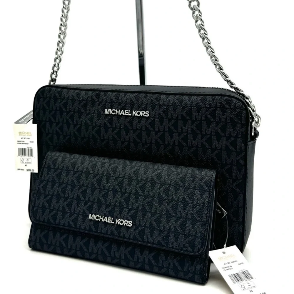 Michael Kors Large Jet Set Item EW Crossbody Bag & Large Trifold Wallet Black